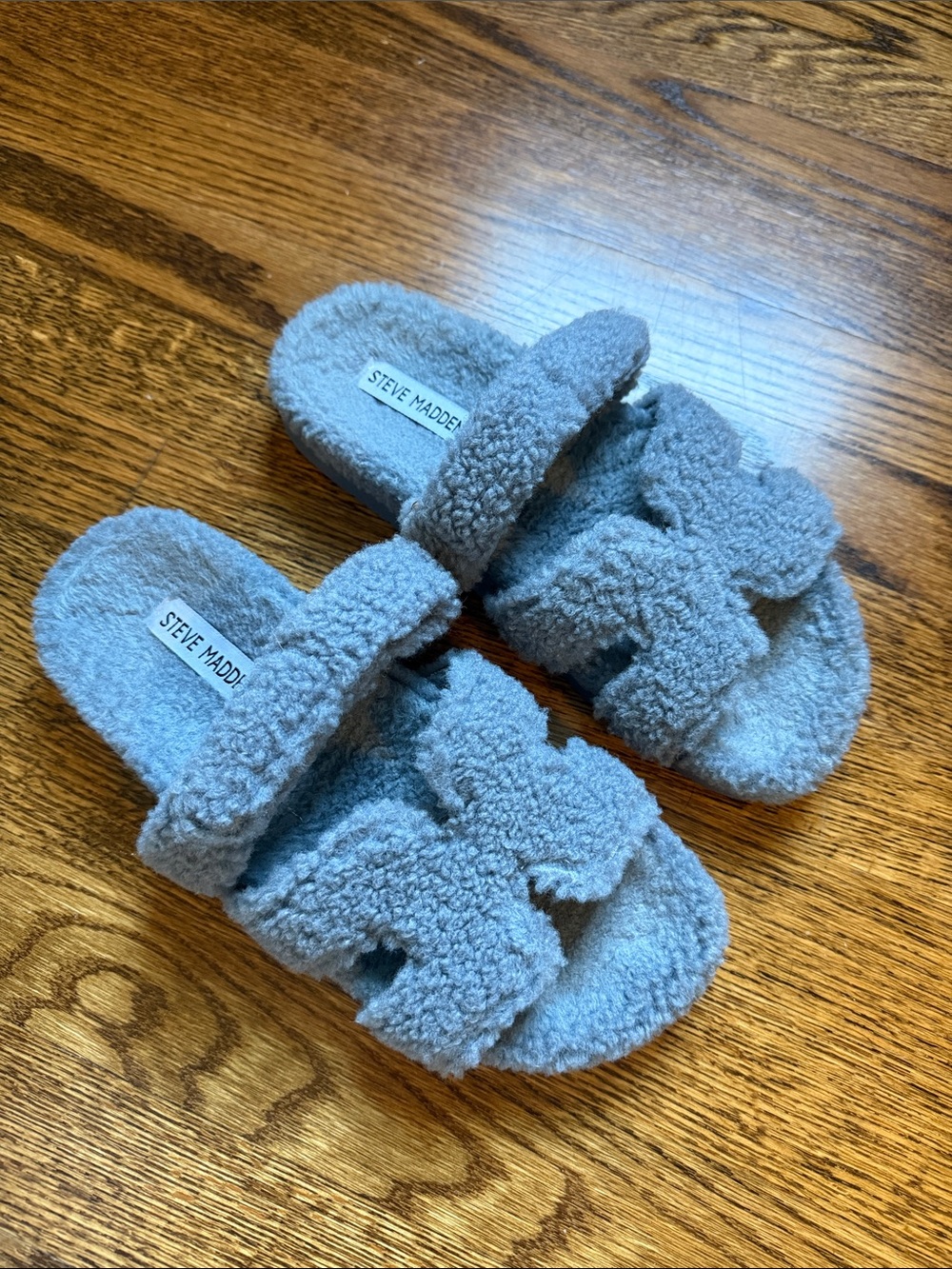 Steve Madden Plush Grey/Blue Sherpa Slide Slippers